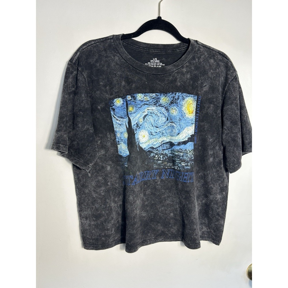 Vincent Van Gogh Starry Night T-Shirt Large Acid Wash Gray Black Cropped Graphic